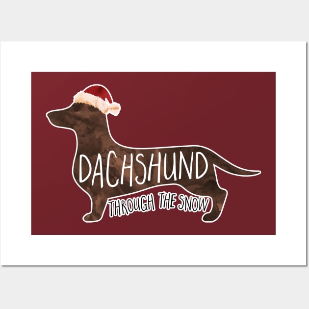 Dachshund Through The Snow - a funny Christmas design of a weiner dog with a Santa hat Wall Art by Shana Russell